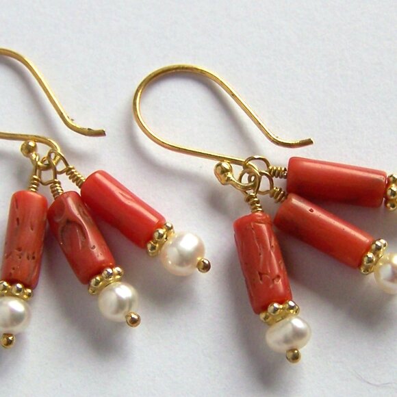 Genuine ITALIAN CORAL & PEARL Earrings 22k Gold Vermeil Colorful Cluster - Picture 7 of 8